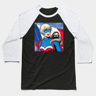 Francais: Female 70's Comic Book Hero with Sloth Baseball T-Shirt